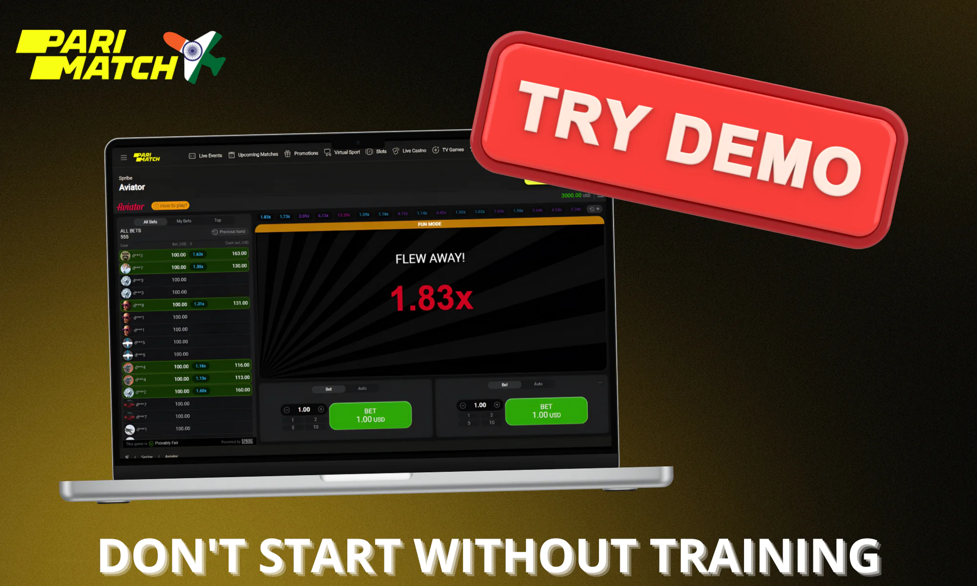 Practice in the demo mode, as Parimatch gives users this opportunity